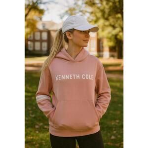 Kenneth Cole Woman's Pink Hoodie Sweatshirt with White Sleeve Stripes